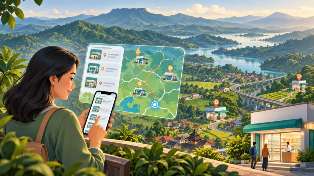 Ilustrasi memeriksa daftar apotek online dan lokasi di Sumedang